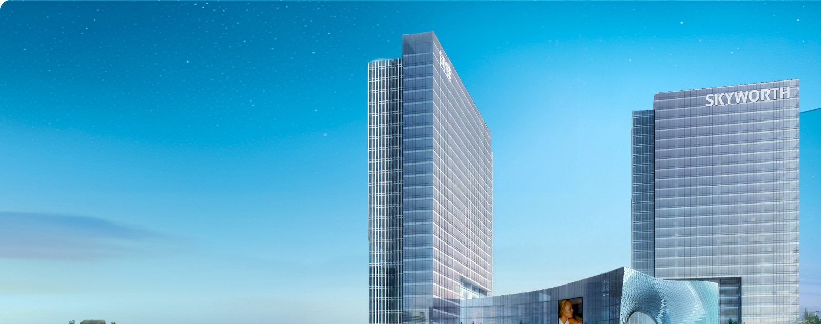 Skyworth headquarters building under blue sky, home of Solavita renewable energy brand