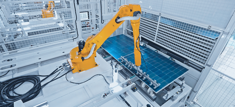 Solavita robotic arm assembling solar panels in automated production line