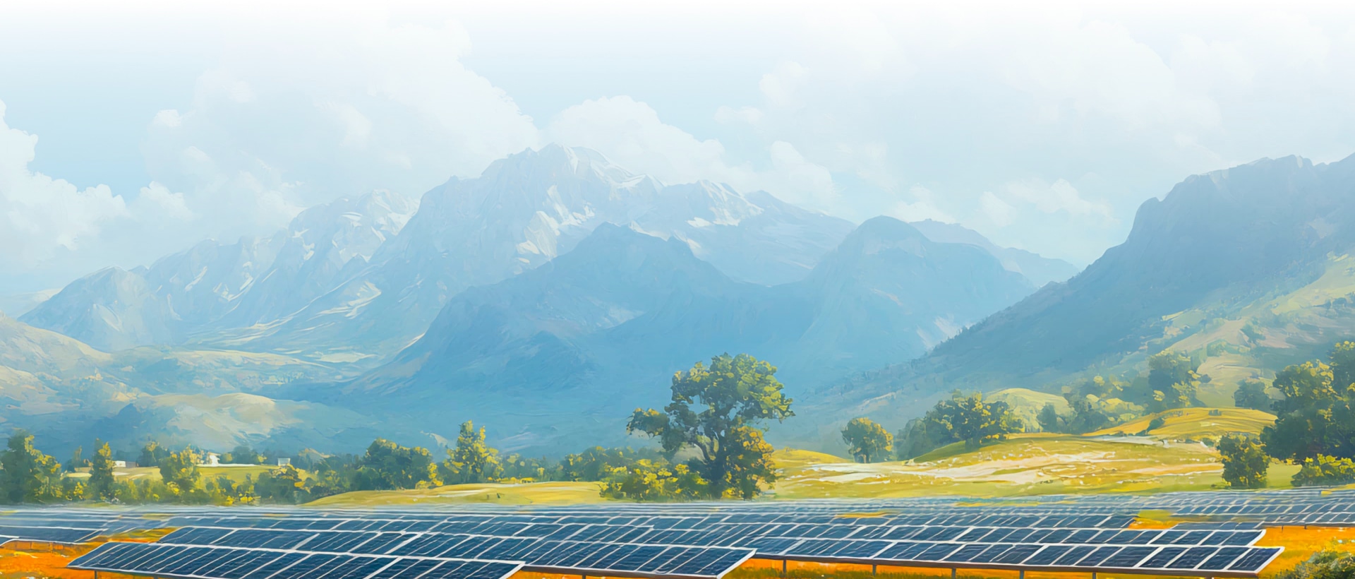 Mountain solar farm with Solavita photovoltaic panels under blue sky, showcasing clean energy integration with natural landscapes
