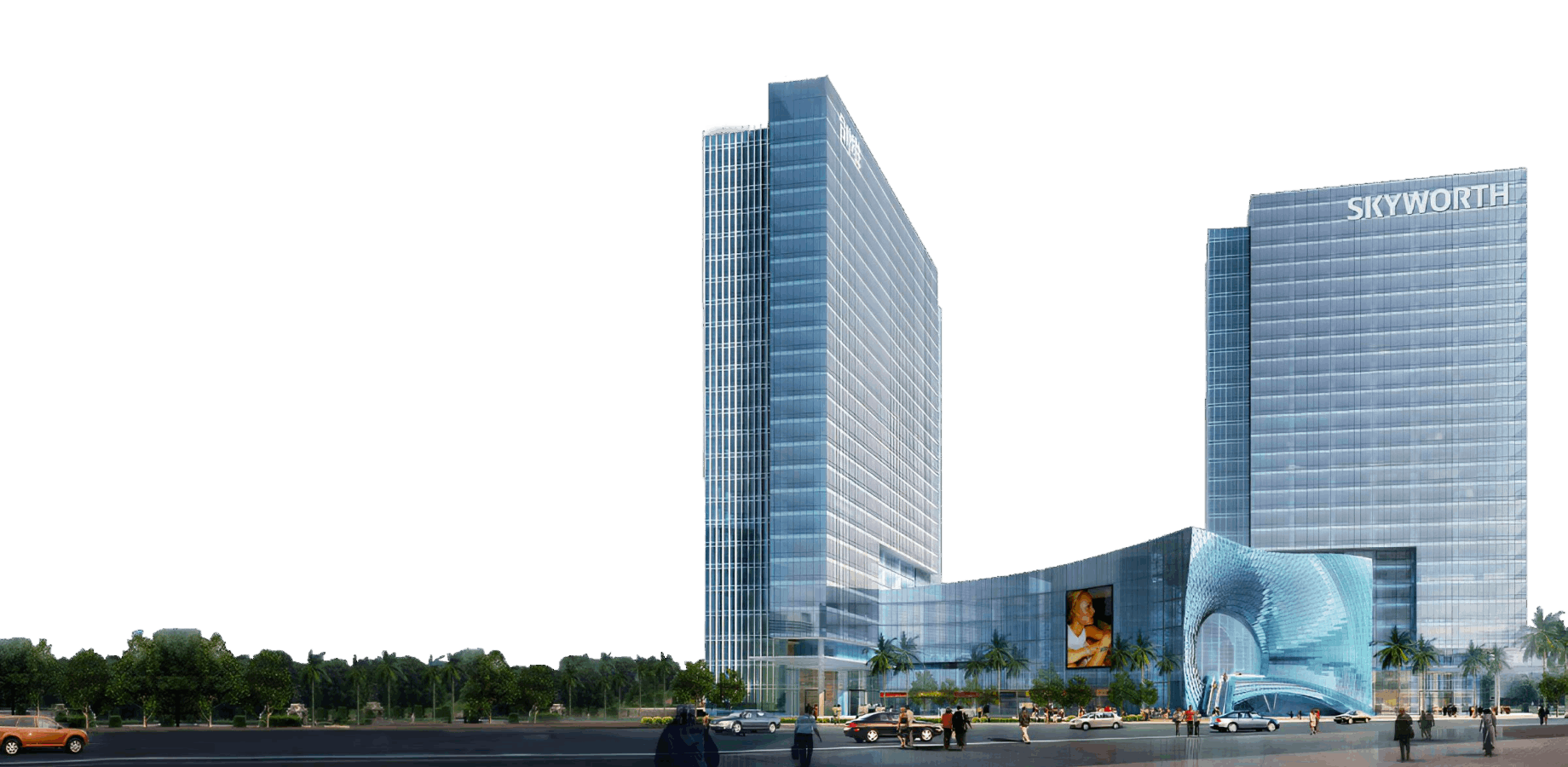 Skyworth headquarters building exterior with modern glass facade and landmark architecture