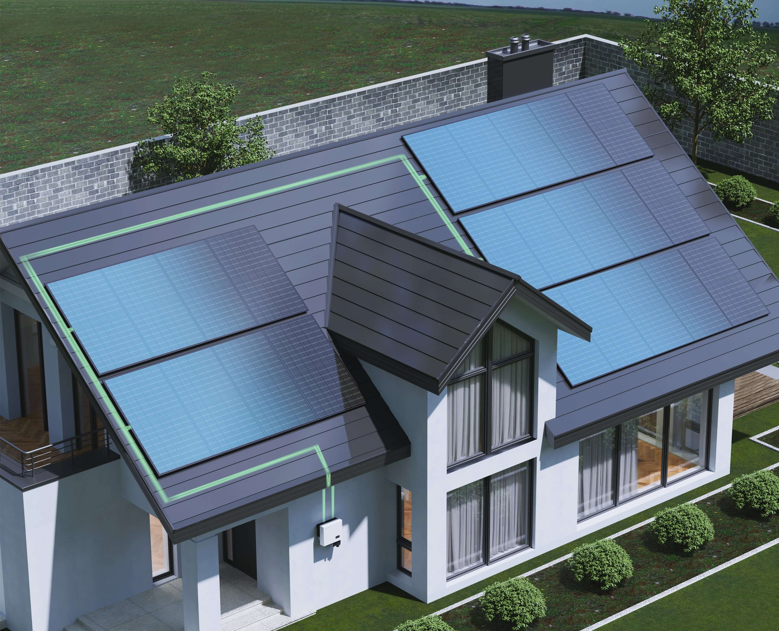 Modern house equipped with rooftop solar panels and visible green energy flow lines leading to a Solavita inverter installed on the exterior wall