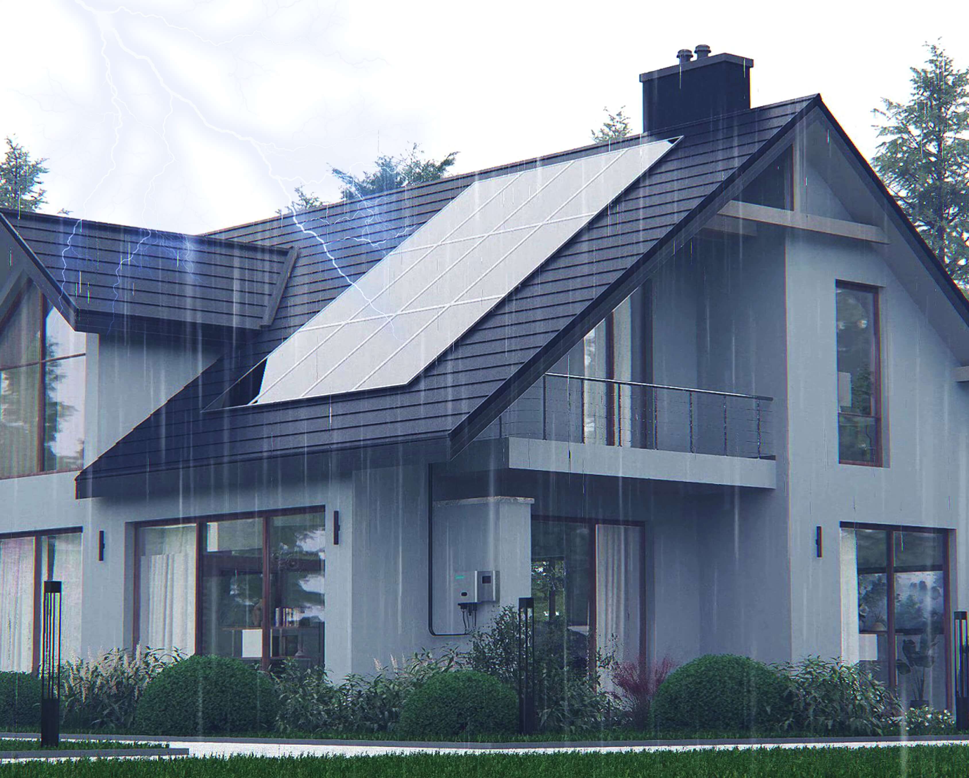 Solavita hybrid inverter with IP66 rating installed on a home with solar panels, during rainy weather with lightning in the background