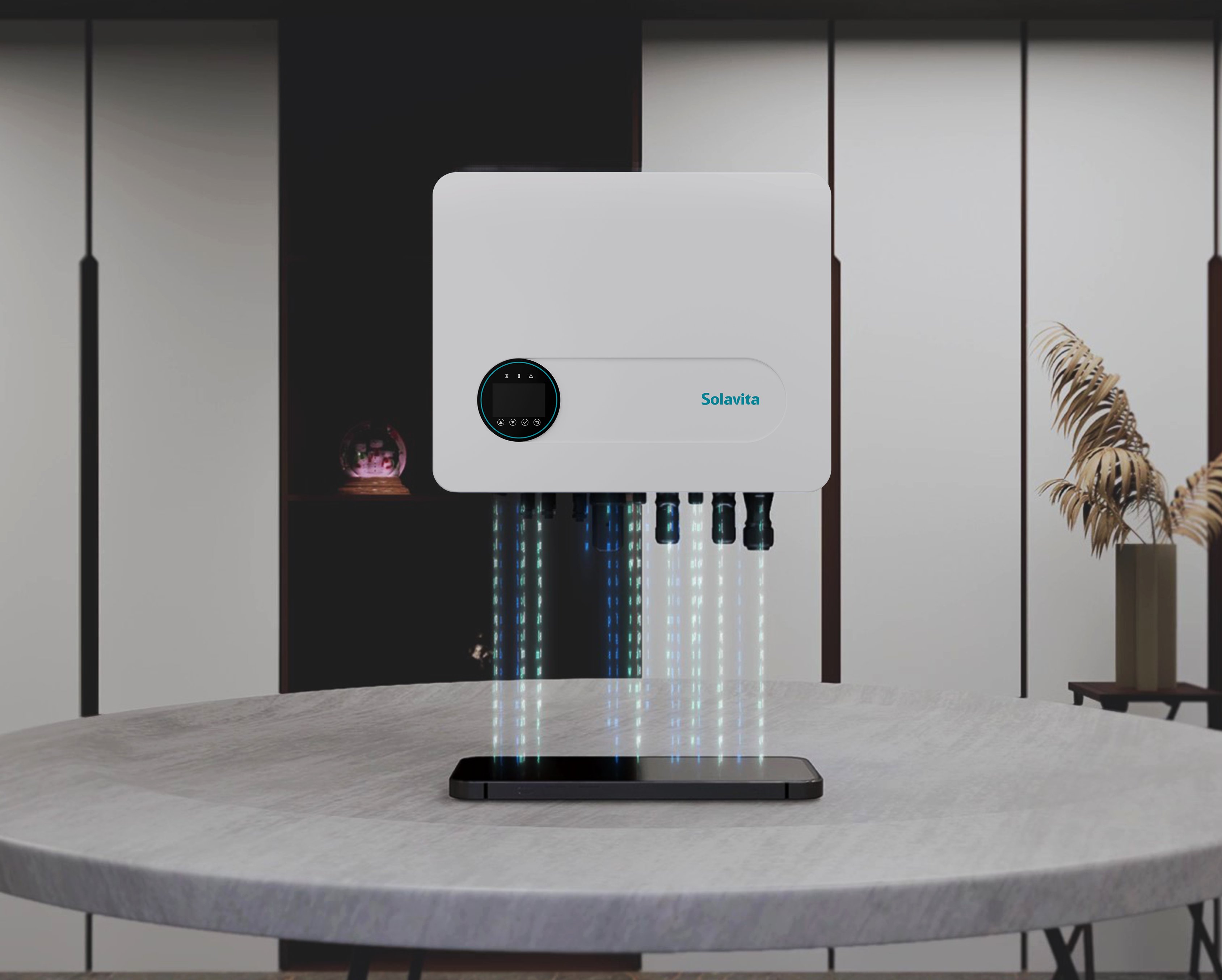 Solavita single-phase hybrid inverter (1-3.3kW) displayed on a sleek modern table in a well-lit room, with light beams flowing from the device. The design features include a user interface with indicators and a smartphone beneath the inverter, highlighting its connectivity and advanced features