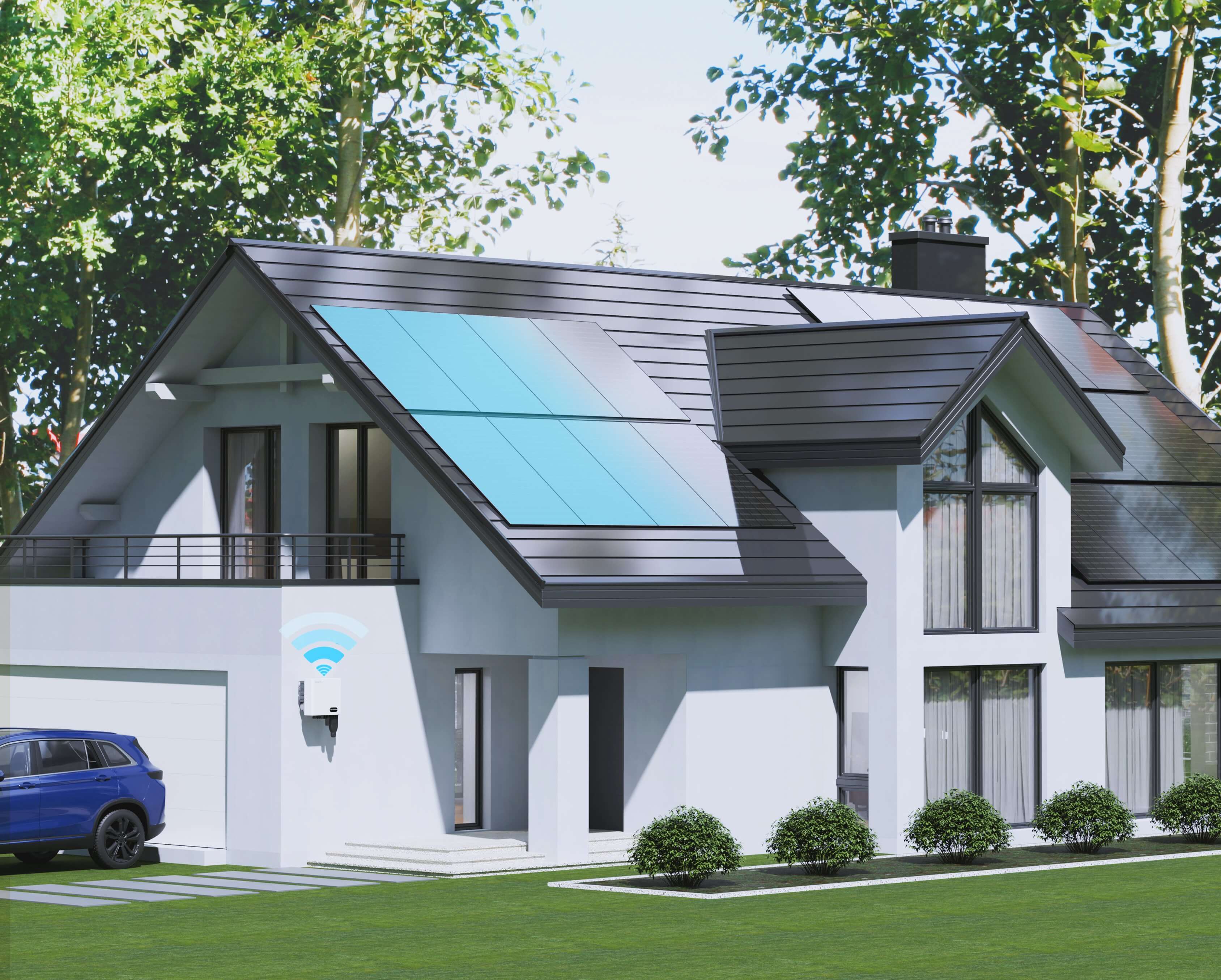 Solavita inverter connected to solar panels on a residential roof, with Wi-Fi signal icon indicating smart monitoring and remote control capabilities for optimized energy management.