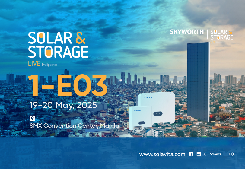 Promotional poster for Solar & Storage Live Philippines 2025 in Manila, featuring Skyworth's booth 1-E03 at SMX Convention Center, with images of hybrid inverters and the Manila city skyline.