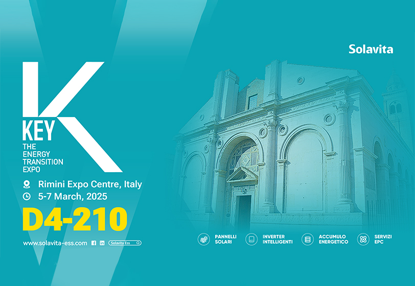 Solavita poster for KEY Energy Transition Expo 2025 at Rimini Expo Centre, Italy, featuring classical Italian architecture and booth number D4-210.