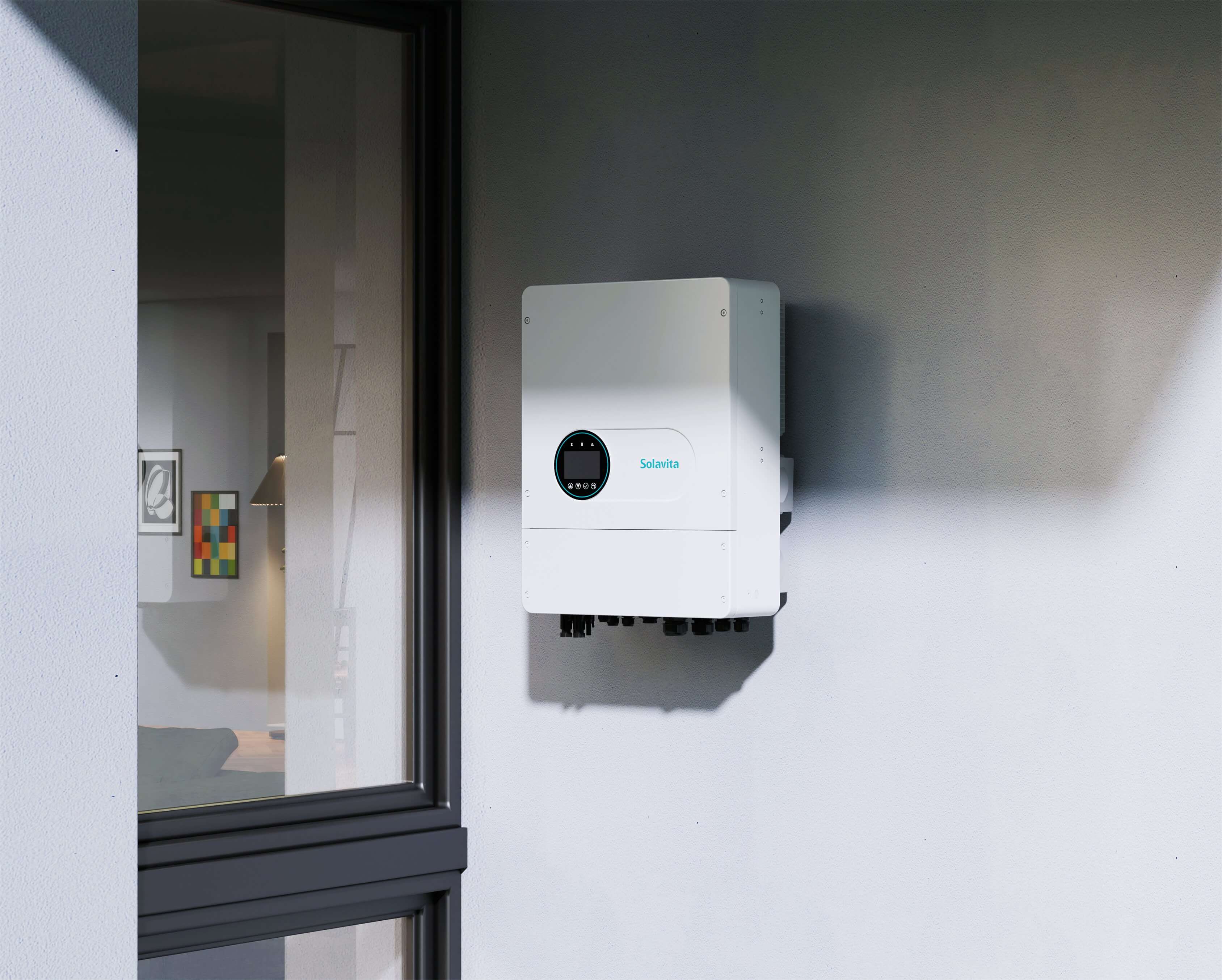 Solavita three-phase hybrid inverter 5-15kW mounted on an exterior wall, showcasing its sleek design and integrated display panel for easy monitoring, suitable for residential  solar systems