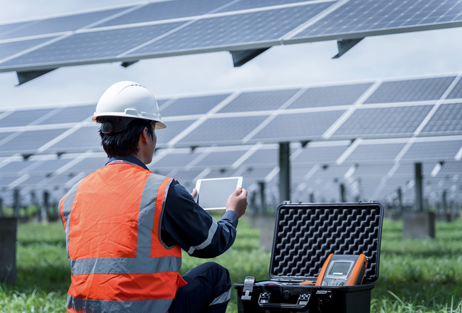 Engineer with tablet inspecting solar PV system at ground-mounted power plant, performing maintenance with diagnostic tools