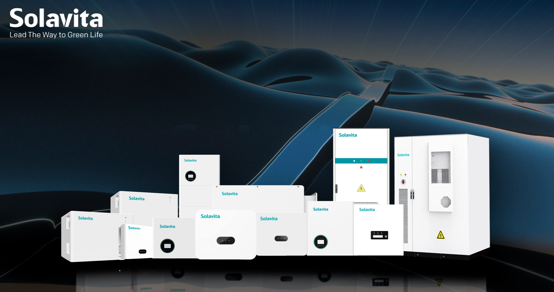 Full range of Solavita inverters and energy storage products displayed in a futuristic solar energy setting.