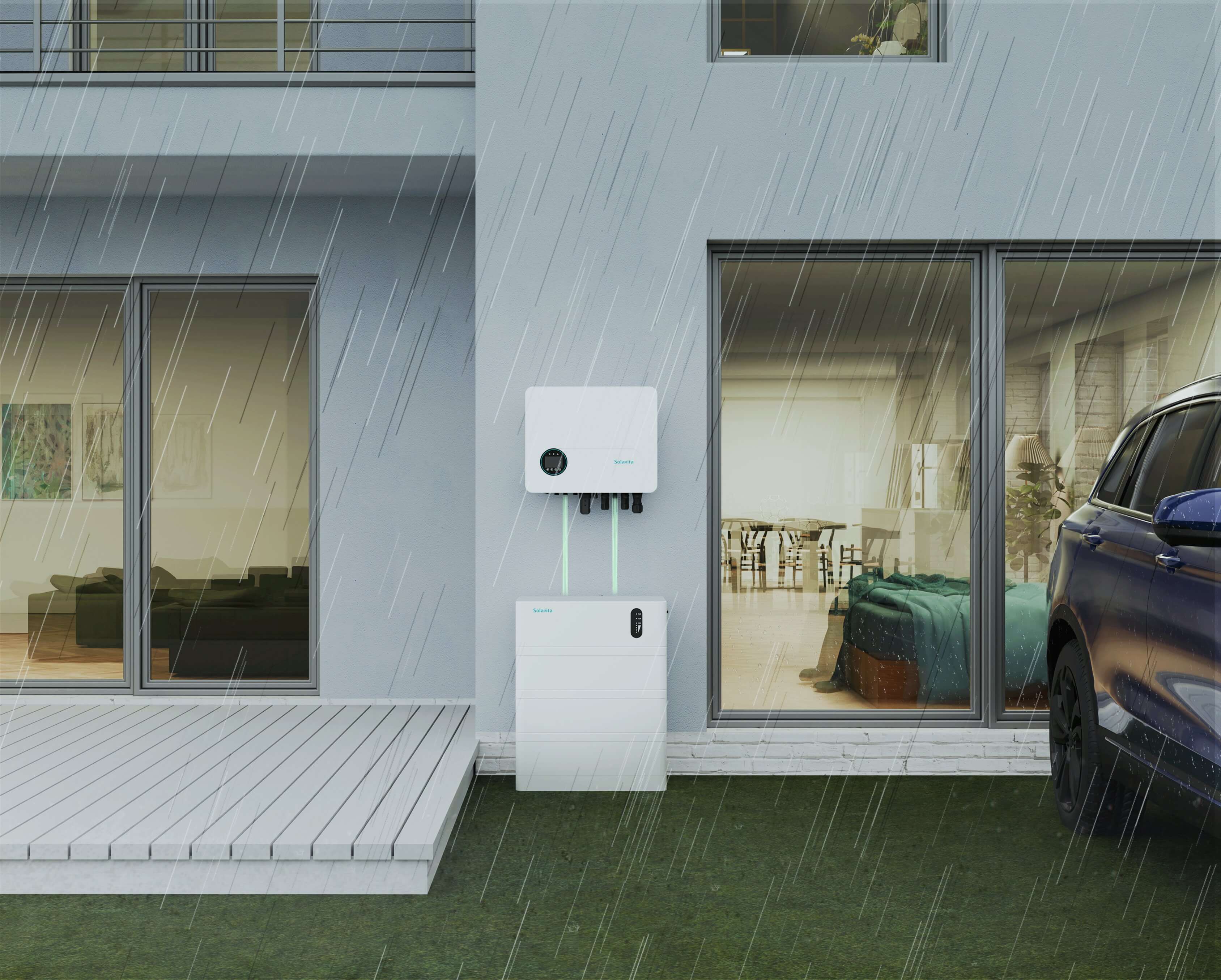 Solavita hybrid inverter and energy storage battery system installed outside a modern home, with rain pouring down and a car parked nearby, showcasing reliable energy solutions for residential use