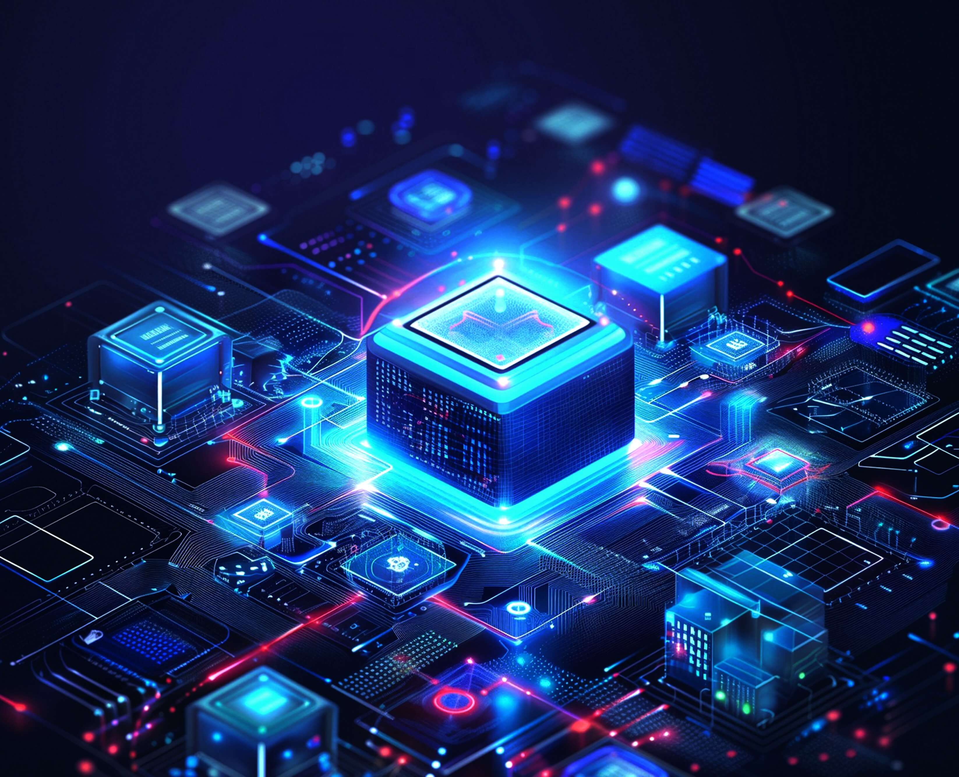 Futuristic AI-powered processor chip glowing on a digital circuit board, symbolizing smart energy technology