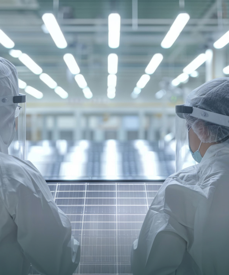 Engineers in cleanroom suits inspecting solar panels in a high-tech photovoltaic manufacturing facility.