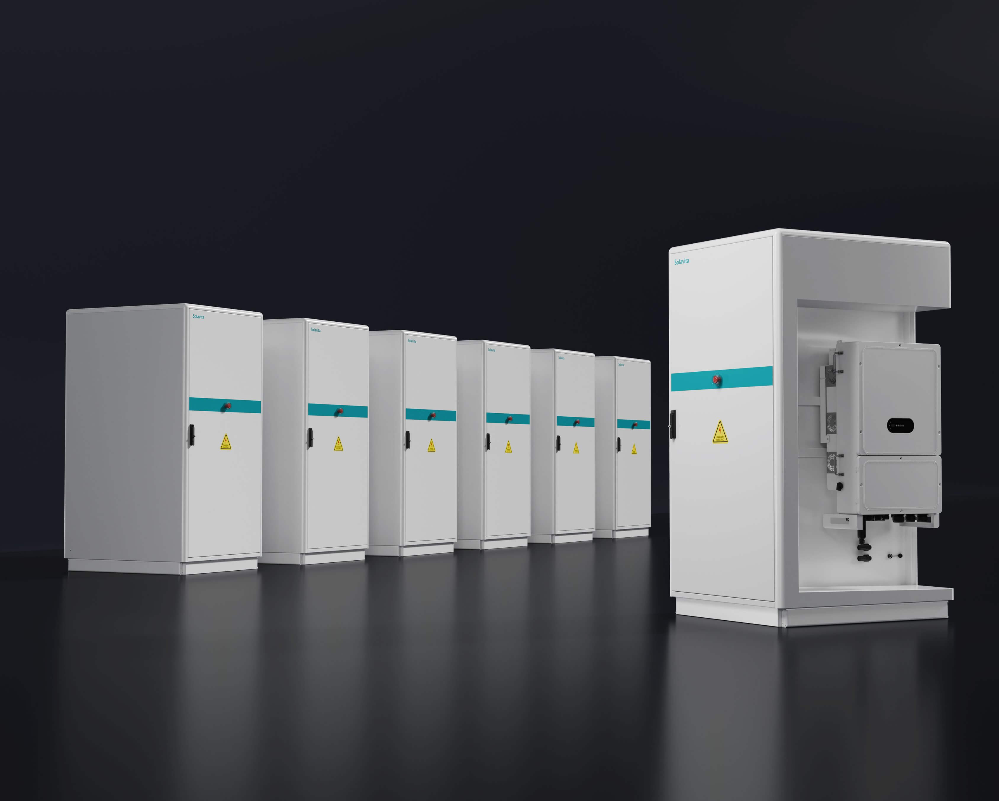 Solavita commercial energy storage systems arranged in a row, with warning signs and a consistent design, against a dark background