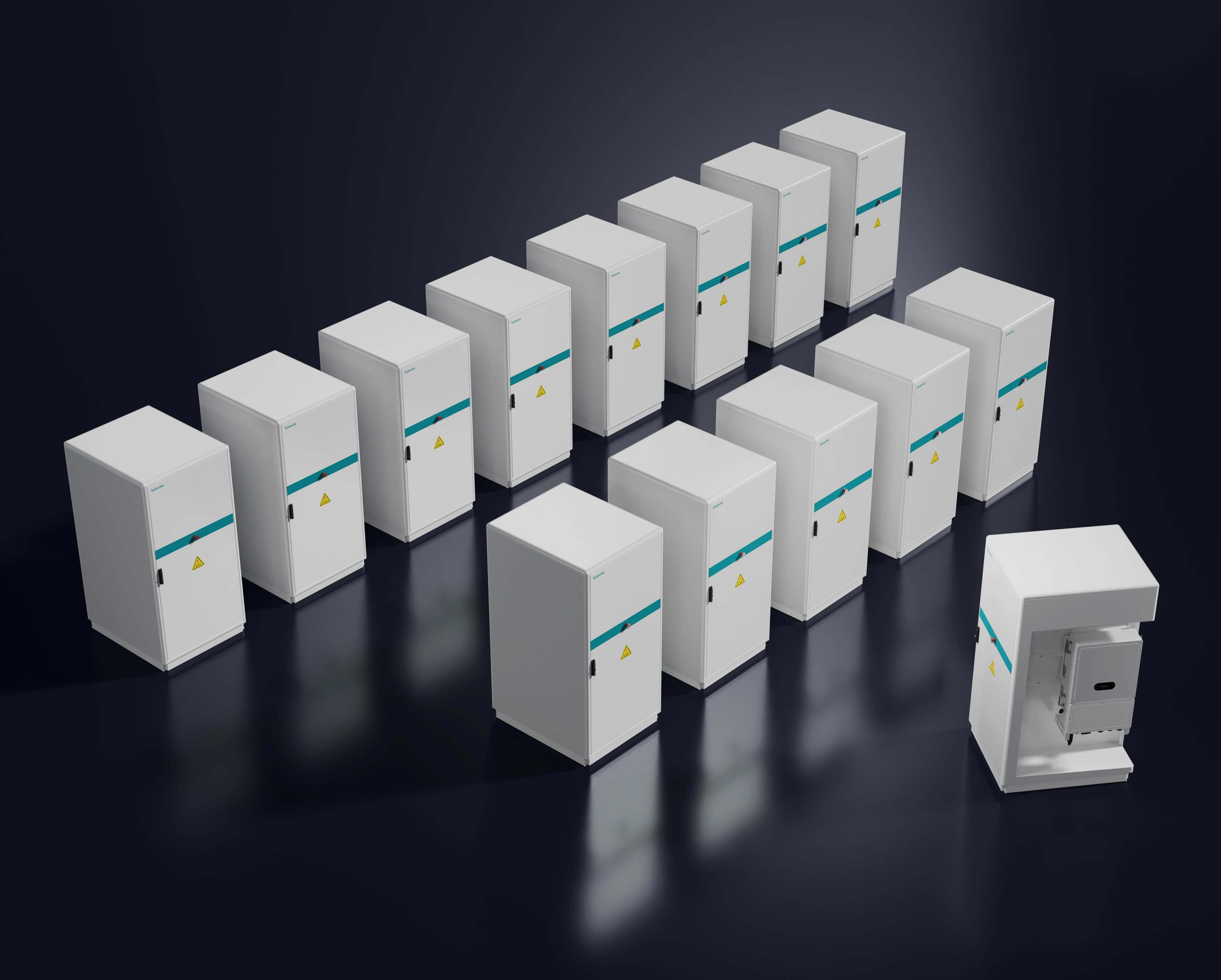 A series of 14 Solavita commercial energy storage systems aligned in a row with warning labels, showcasing the modular design and sleek appearance. One system is open, displaying its internal components