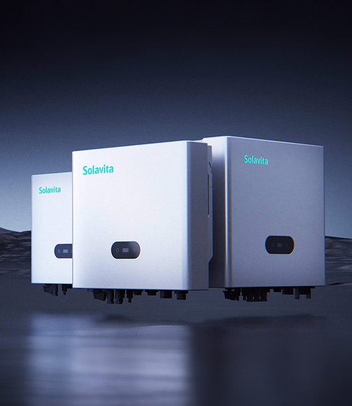 Three Solavita on-grid inverters displayed in a futuristic dark background, showcasing sleek industrial design