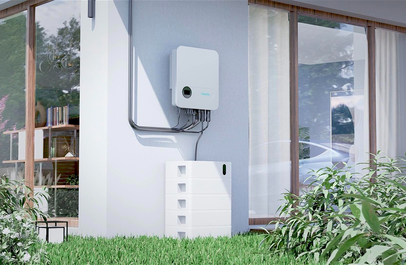 Solavita energy storage system and hybrid inverter installed on the wall of a modern house, providing sustainable energy solutions