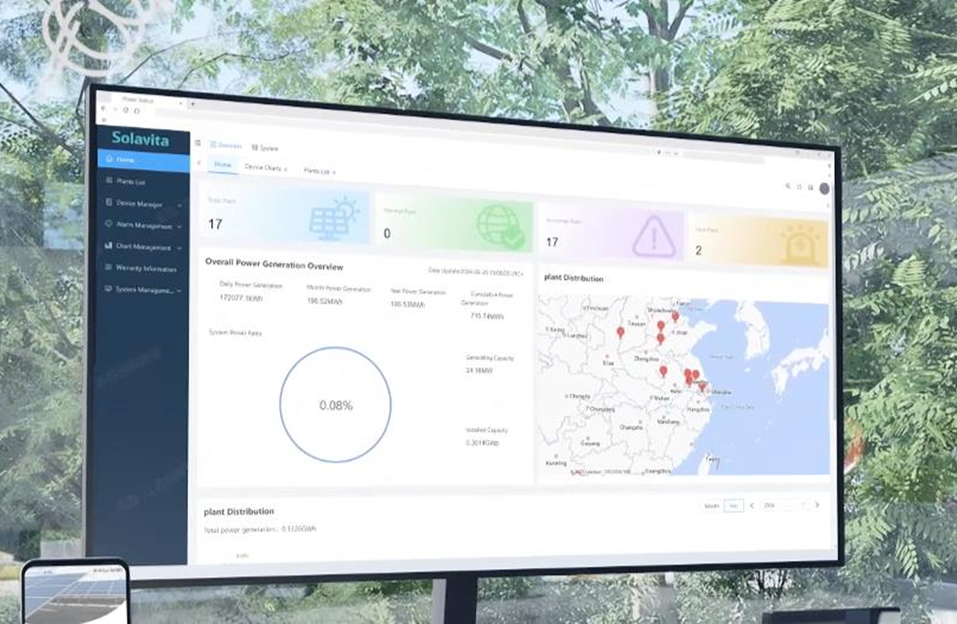 Solavita energy monitoring platform displayed on a screen, showing daily and monthly power generation statistics, system alerts, and plant distribution map, with a mobile app interface visible in the foreground