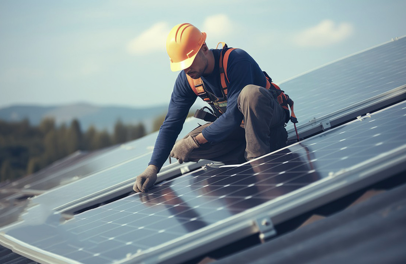 Worker installing solar panels on a rooftop, wearing a safety harness and helmet for installation and maintenance.