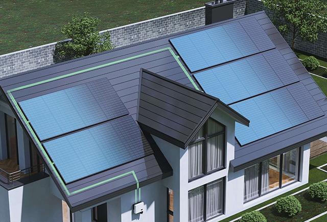 Modern house with rooftop solar panels and energy flow lines leading to an inverter on the wall