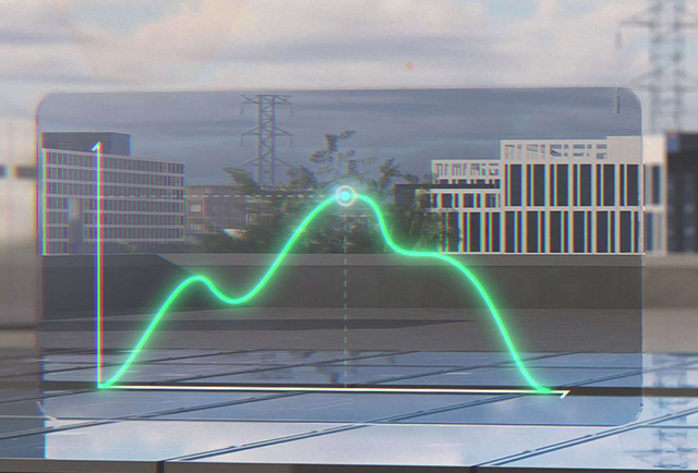 Smart solar energy output curve displayed on transparent screen over rooftop PV panels in urban setting