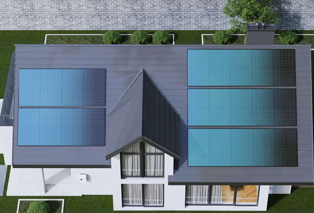 Top view of a modern house with rooftop solar panels and energy storage inverter, representing a residential solar energy system.
