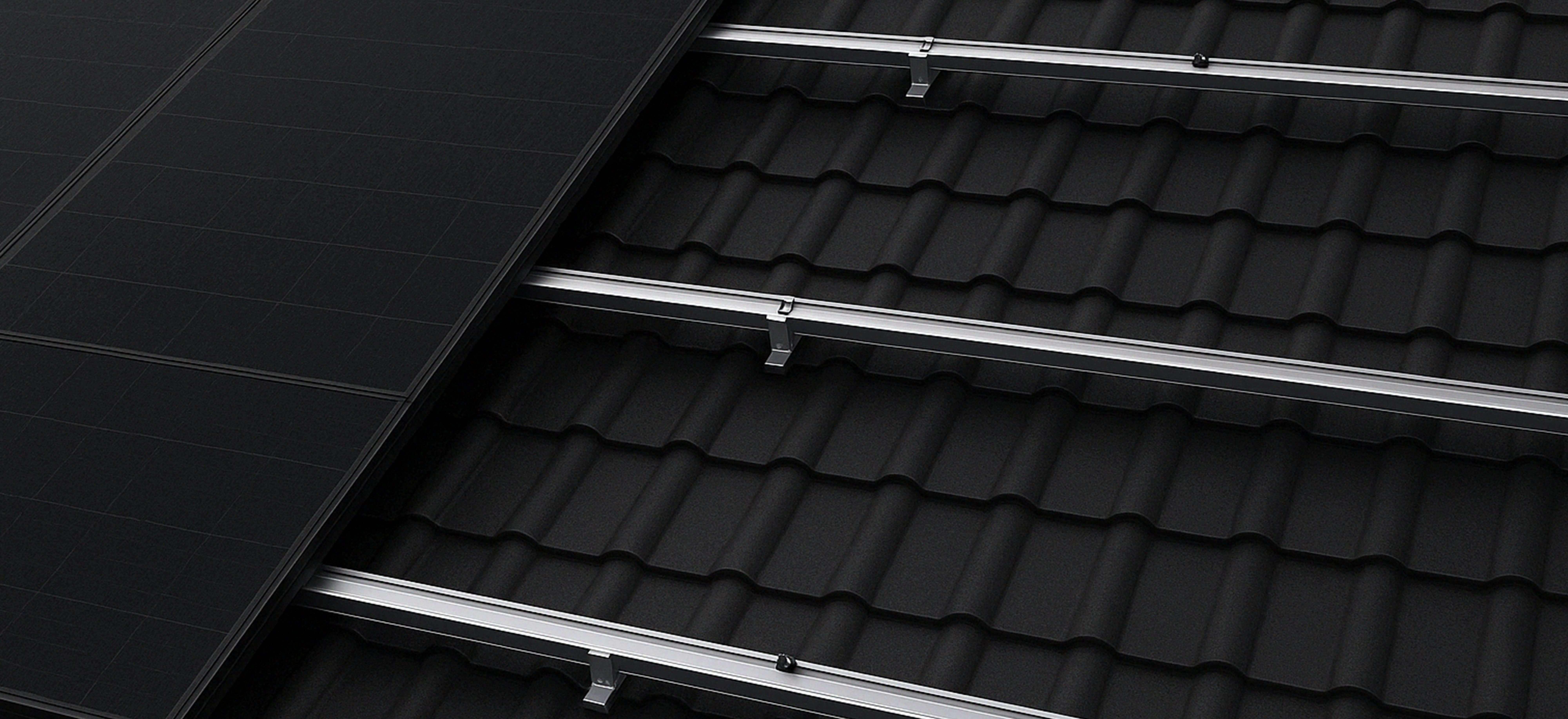 Solavita black solar panel installed on black tile roof with mounting rails system