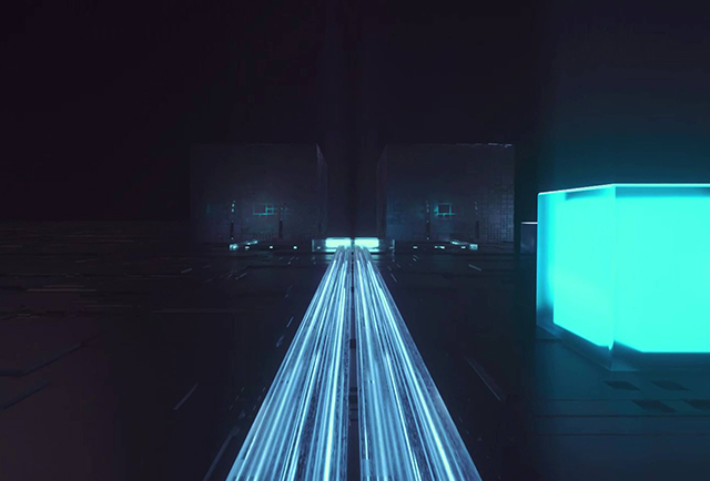 Futuristic energy or data transmission scene with glowing blue streams connecting digital cubes