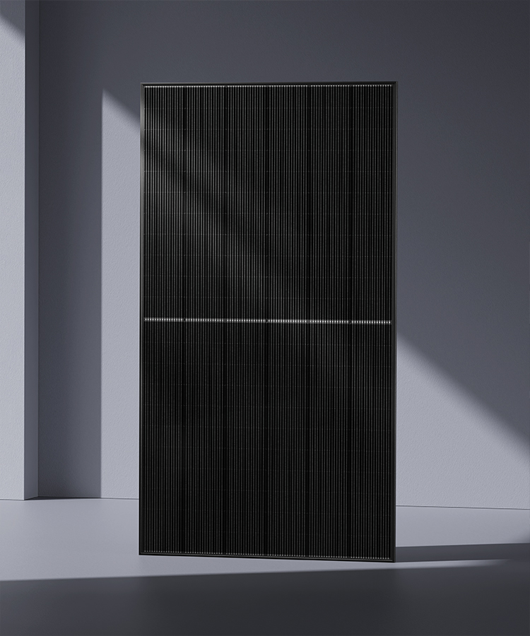 Solavita full-black solar panel standing vertically in a minimalistic indoor space with soft lighting