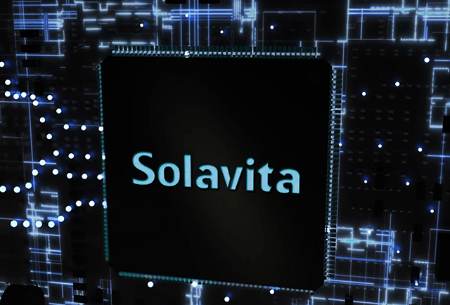 Solavita-branded central processing chip embedded in a glowing digital circuit board.