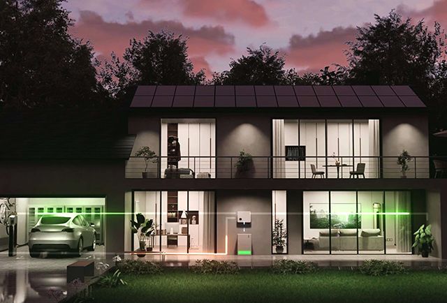 Modern smart home at night powered by Solavita solar and storage system, showing energy flow from EV charger to inverter and household appliances.