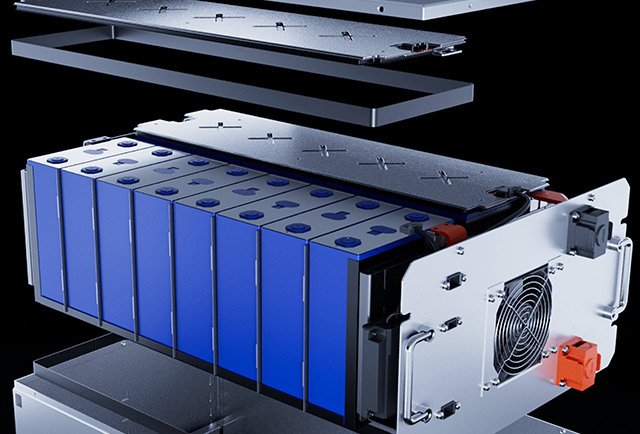 Exploded view of a lithium battery module showing blue battery cells, cooling system, and metal casing structure.