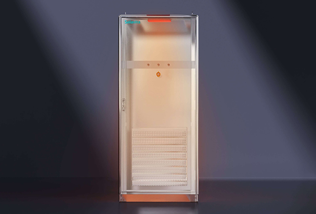 Transparent view of Solavita industrial energy storage cabinet highlighting internal structure and thermal design with orange heat glow.