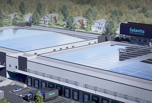 Solavita smart factory with rooftop solar panels and logistics truck, promoting green energy production