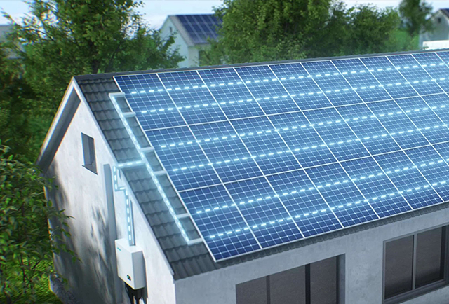 Residential house with Solavita solar panels and inverter system, showcasing energy flow across the rooftop