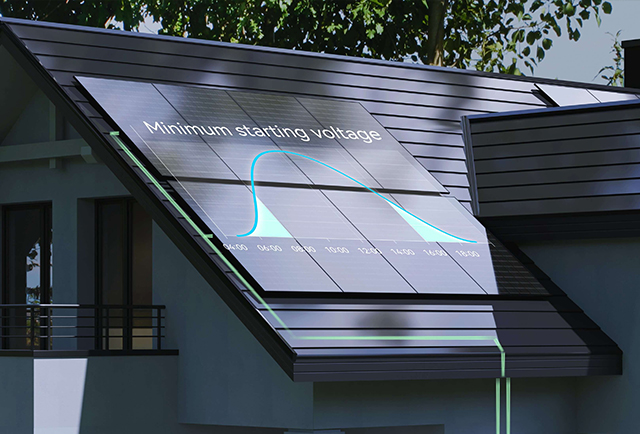 Solar panels on rooftop with overlaid minimum starting voltage curve throughout the day.