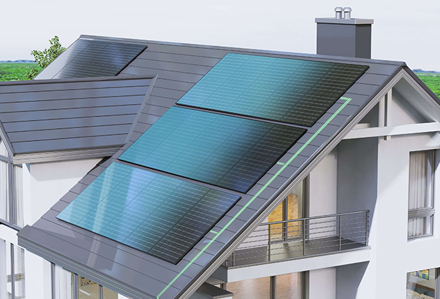 Modern house with multiple solar panels mounted on pitched rooftops