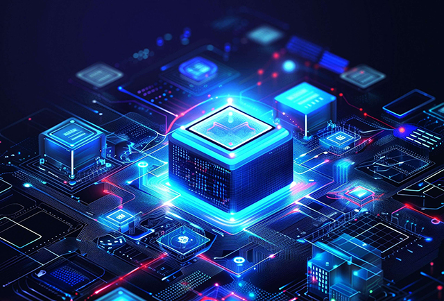 Futuristic digital circuit board with glowing blue central processing unit and interconnected smart modules.