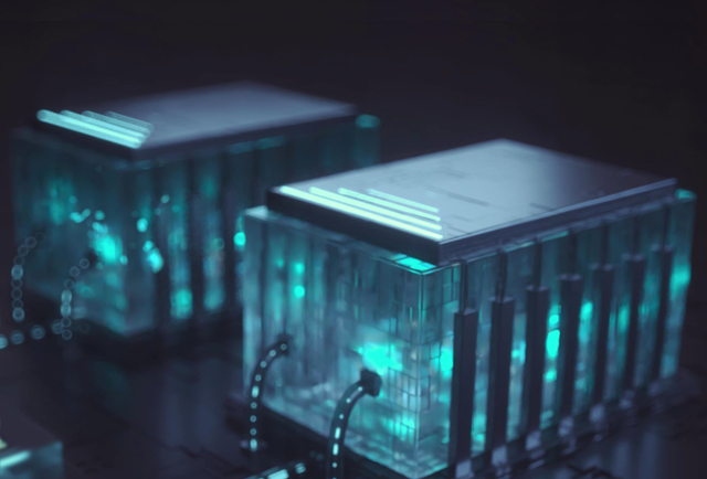 Futuristic battery energy storage modules glowing in blue light, integrated into a high-tech circuit board environment