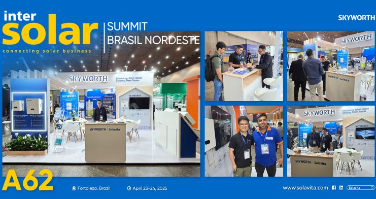 Solavita's booth at the Intersolar Summit Brasil Nordeste 2025 in Fortaleza, Brazil, showcasing solar and storage solutions, with visitors engaging with products and experts