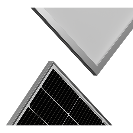 Close-up of front and back corners of Solavita solar panel with silver frame and transparent backsheet