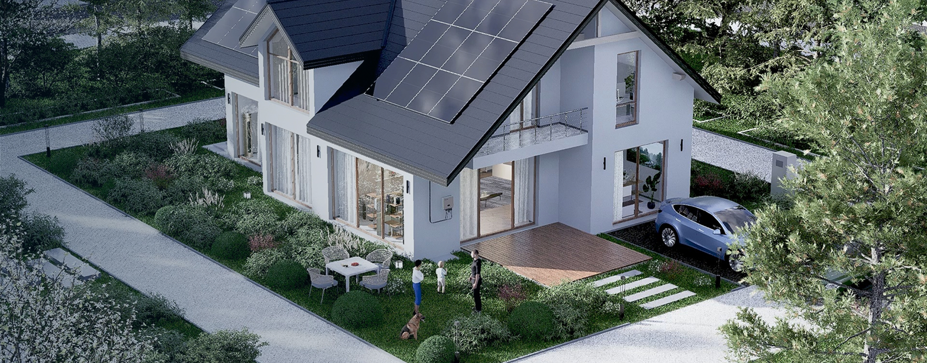 Modern residential house with rooftop solar panels, surrounded by garden, family and electric vehicle, showcasing a sustainable lifestyle.