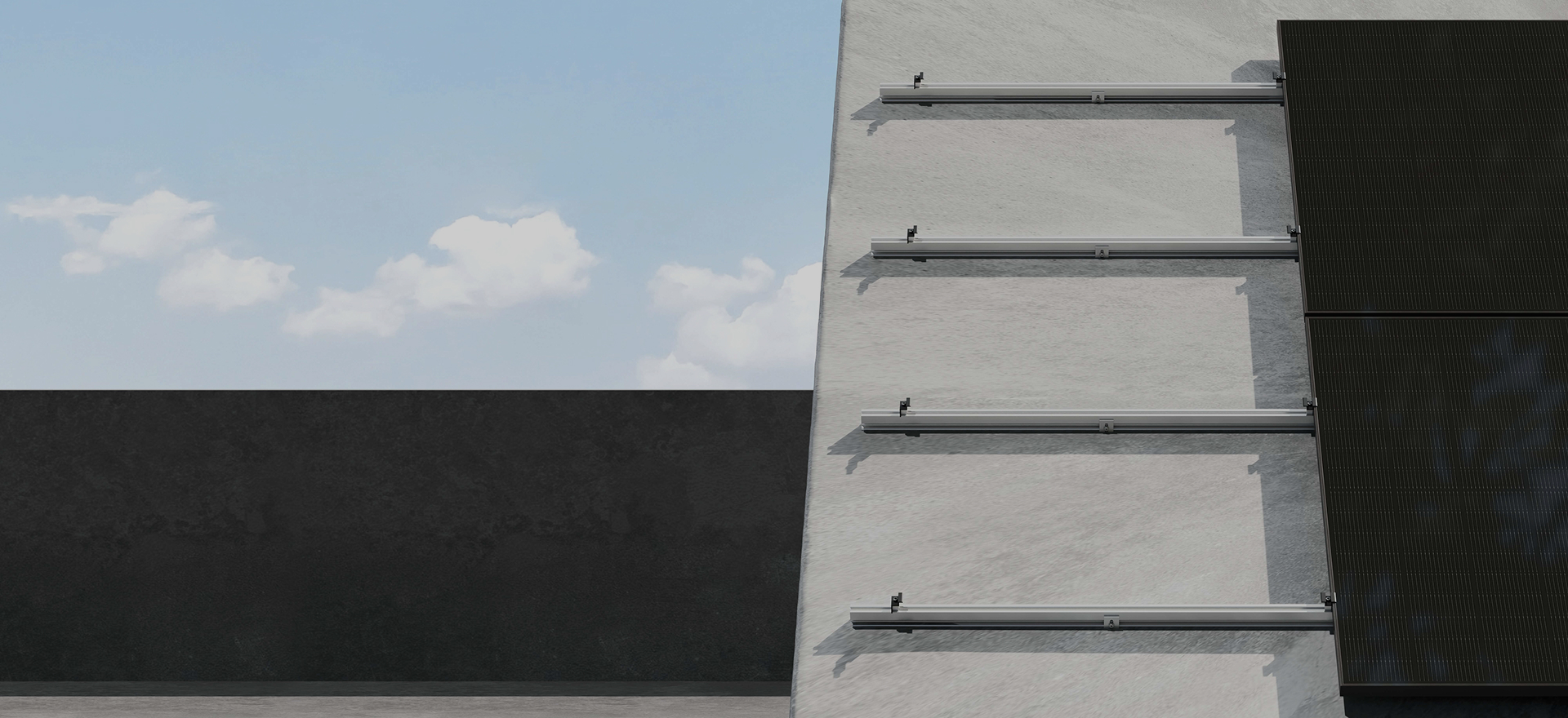 Solavita solar mounting rails on inclined rooftop under clear sky, partial module installation