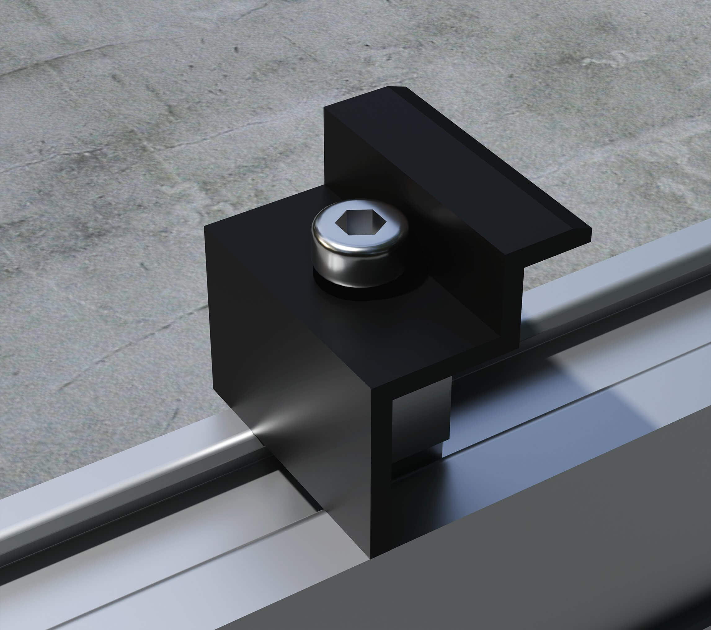 Close-up view of Solavita solar panel mounting clamp fixed on aluminum rail