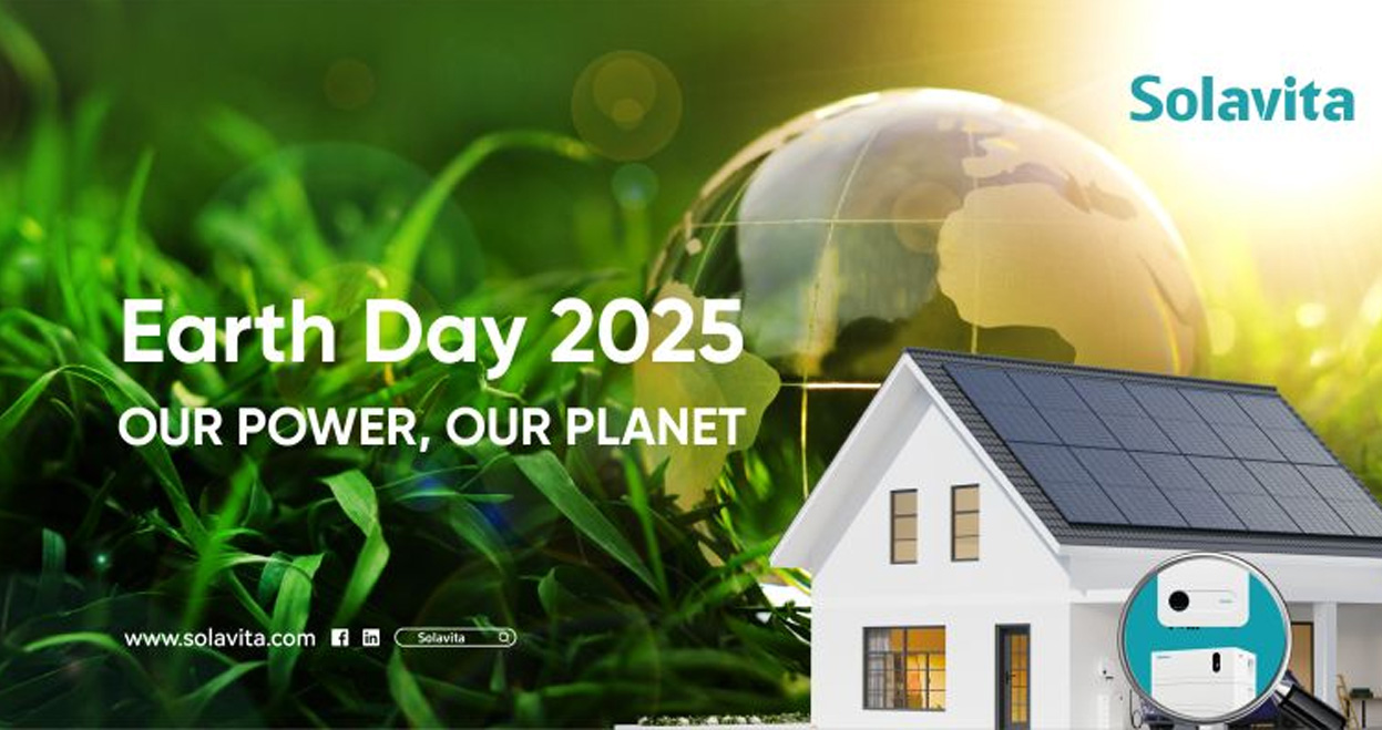 Earth Day 2025 campaign by Solavita showcasing solar power and sustainable living with a home solar energy storage system